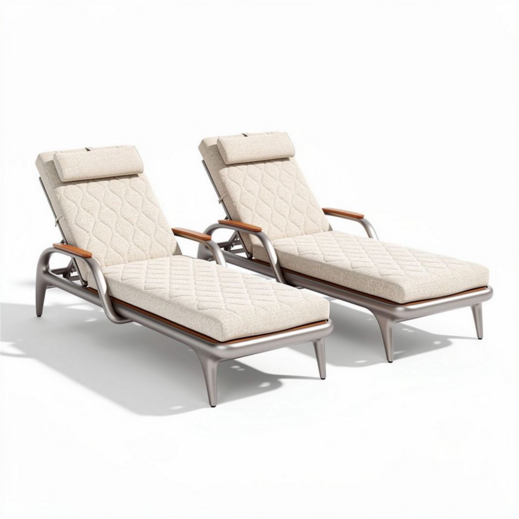 Bain de soleil en aluminium avec coussins rembourrés beige et pieds en bois 200 x 70 x 40cm