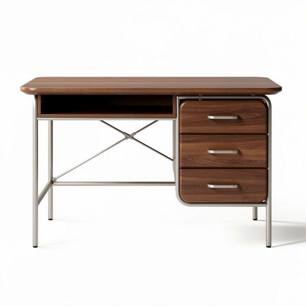 Bureau en bois couleur noyer avec trois tiroirs et pieds en métal 120 x 60 x 75cm