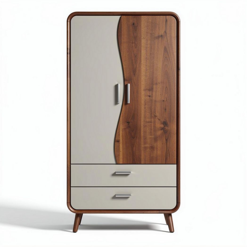 Armoire en bois avec portes courbées et tiroirs gris de 90 x 45 x 180 cm